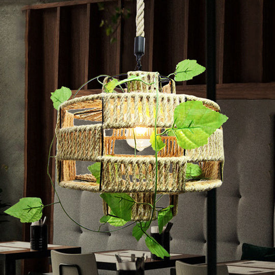 Antique Hemp Rope Lantern Restaurant Pendant Light with Ivy Décor - 1-Light Beige Hanging Fixture