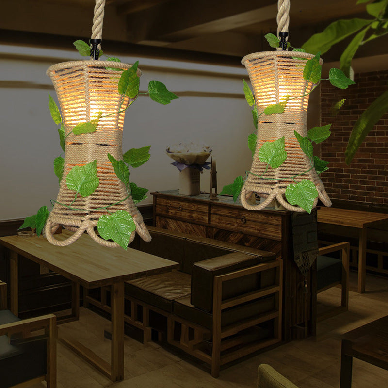 Rustic Beige Rope Pendant Light With Ivy Accents