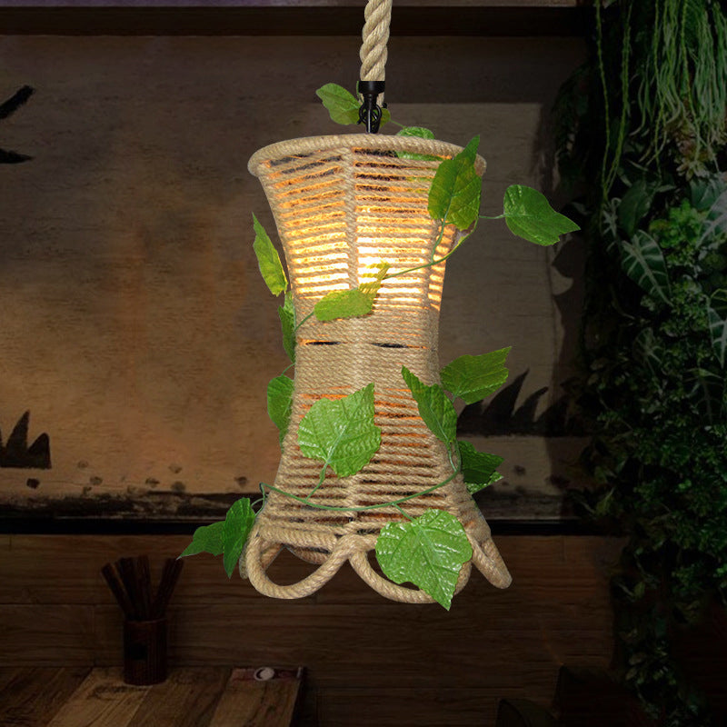 Rustic Beige Rope Pendant Light With Ivy Accents