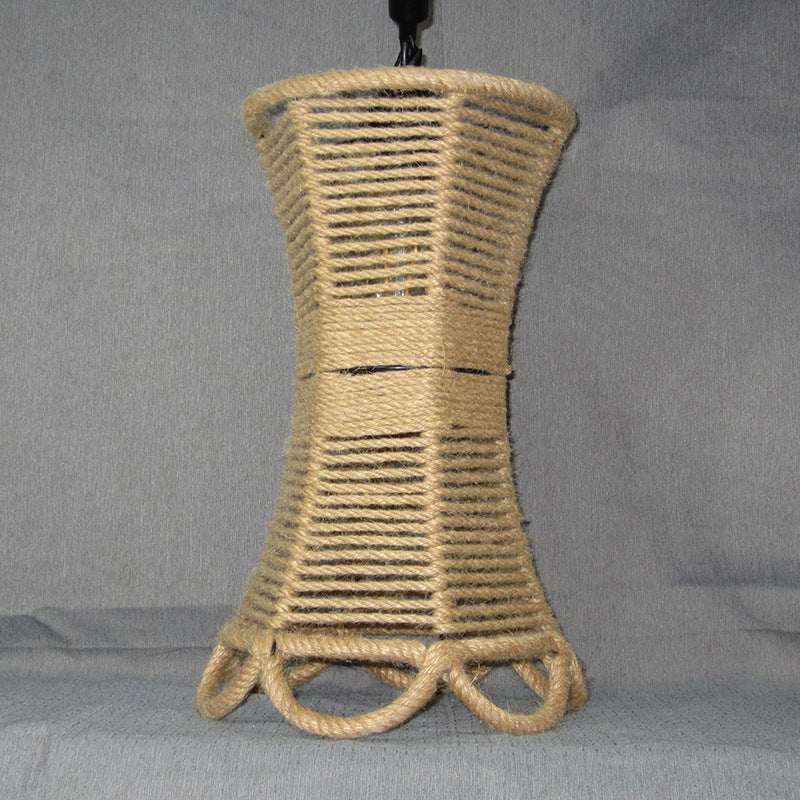 Rustic Beige Flared Pendant Light with Natural Rope and Artificial Ivy