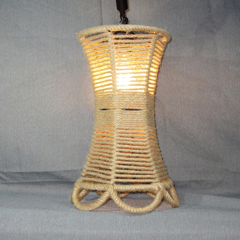 Rustic Beige Flared Pendant Light with Natural Rope and Artificial Ivy