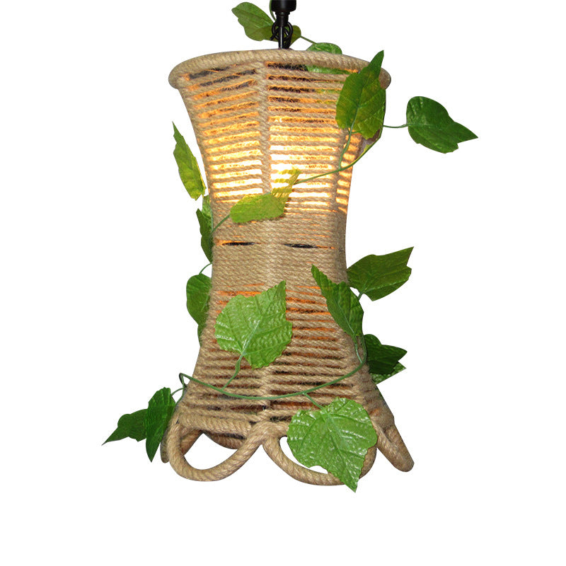 Rustic Beige Flared Pendant Light with Natural Rope and Artificial Ivy