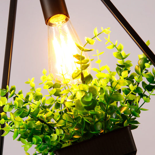 Vintage Geometric Iron Pendant Lamp With Hanging Single-Bulb And Artificial Plant Black