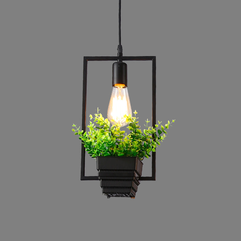 Vintage Geometric Iron Pendant Lamp With Hanging Single-Bulb And Artificial Plant Black / A