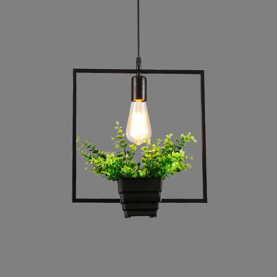 Vintage Geometric Iron Pendant Lamp With Hanging Single-Bulb And Artificial Plant Black / B