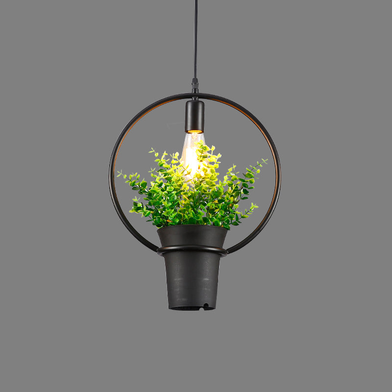 Vintage Geometric Iron Pendant Lamp With Hanging Single-Bulb And Artificial Plant Black / C