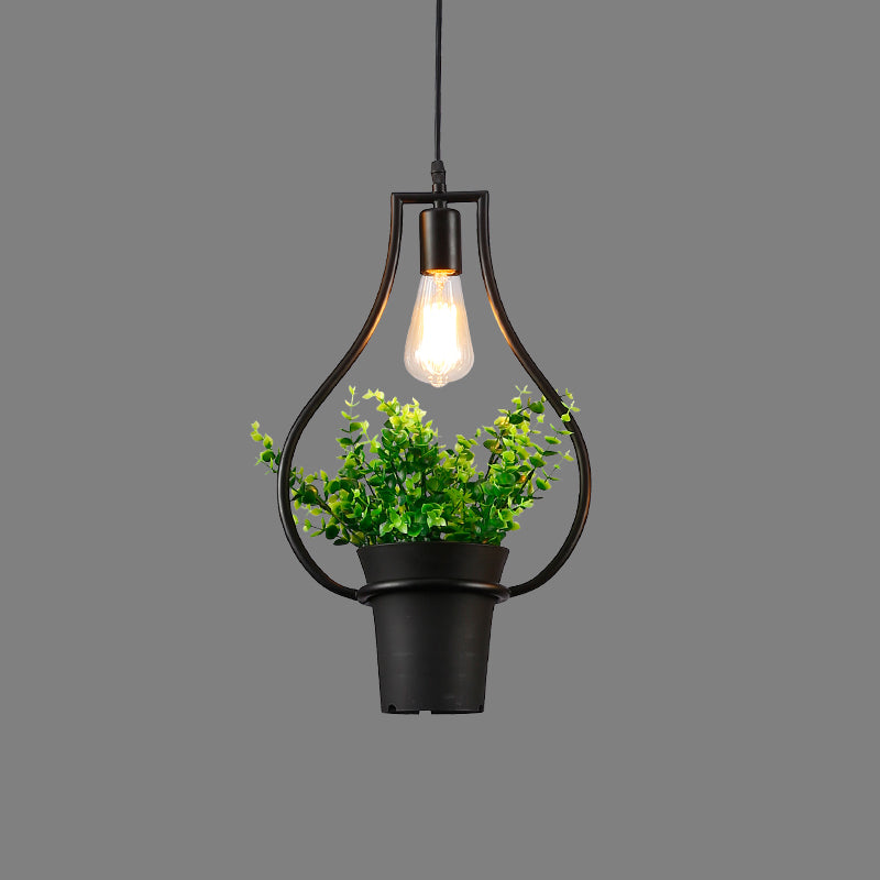 Vintage Geometric Iron Pendant Lamp With Hanging Single-Bulb And Artificial Plant Black / D