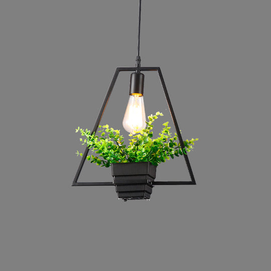 Vintage Geometric Hanging Lamp with Artificial Plant - Single-Bulb Iron Pendant in Black