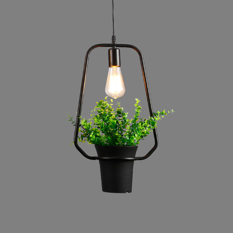 Vintage Geometric Hanging Lamp with Artificial Plant - Single-Bulb Iron Pendant in Black