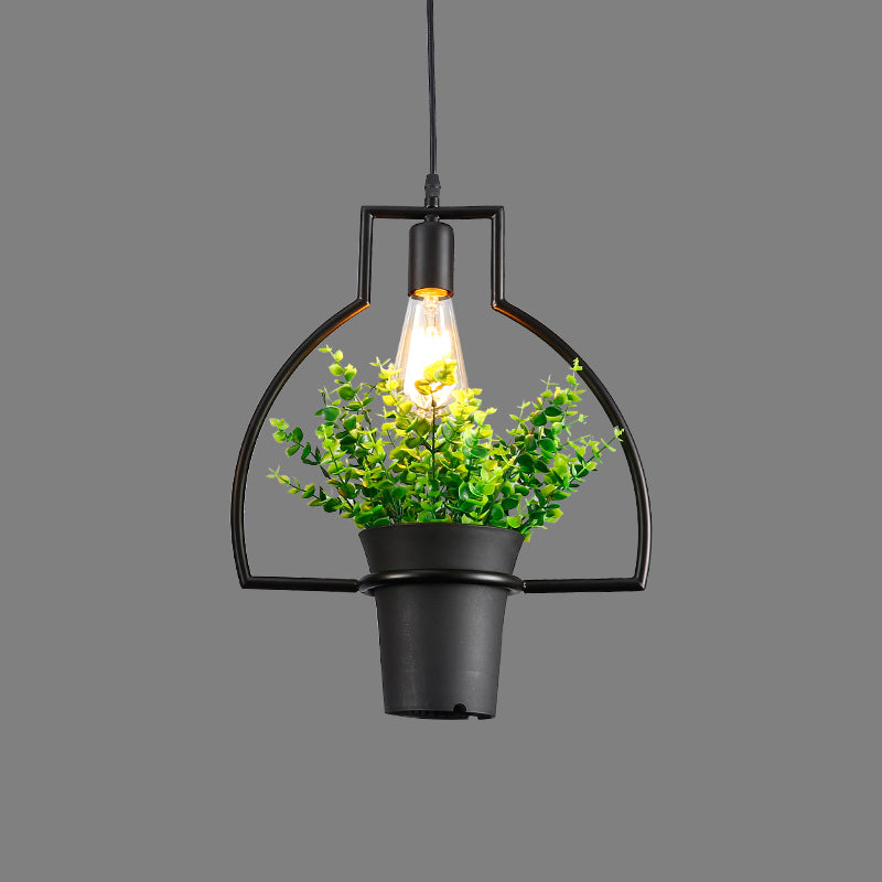 Vintage Geometric Hanging Lamp with Artificial Plant - Single-Bulb Iron Pendant in Black