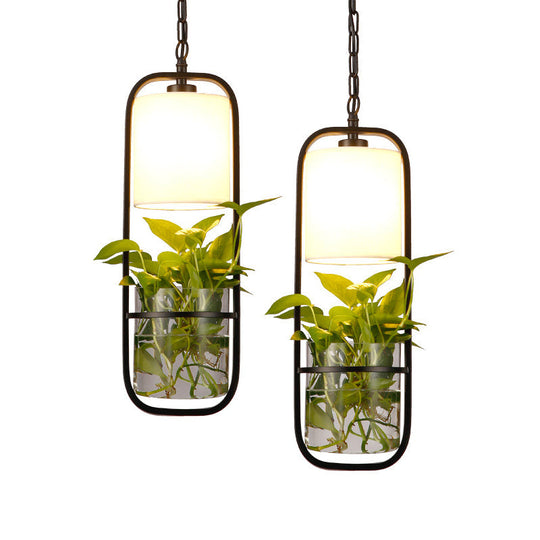 Rustic Single Pendant Light With Fabric Shade And Glass Planter In Black