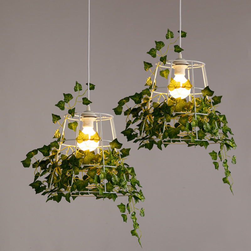 Green Ivy Retro Pendant Light With Tapered Cage Suspension For Dining Room