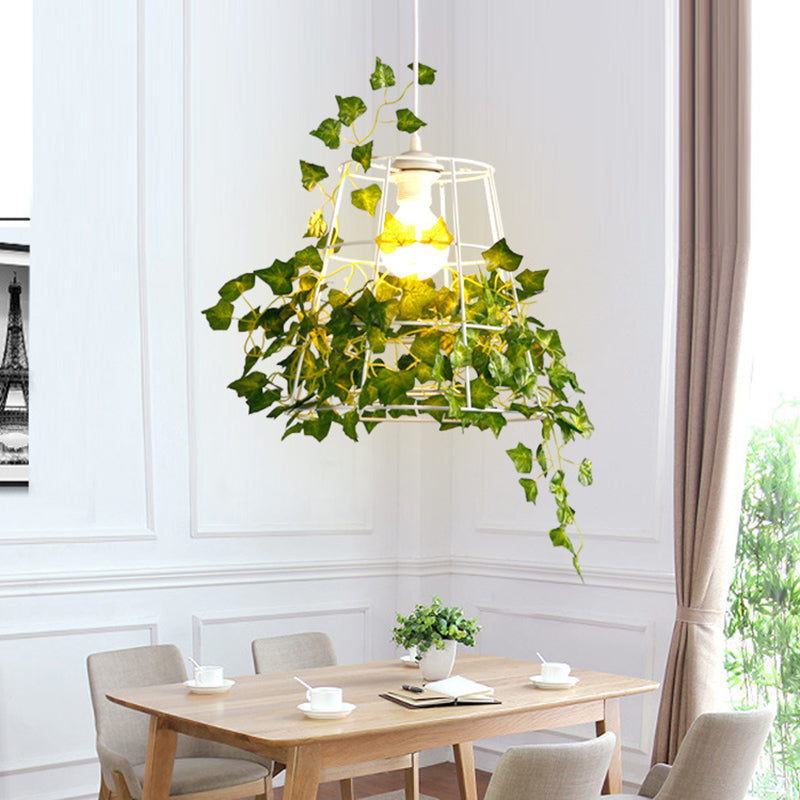 Iron Tapered Cage Pendant Ceiling Light with Decorative Ivy - Retro 1 Head Suspension Lighting for Dining Room in Green