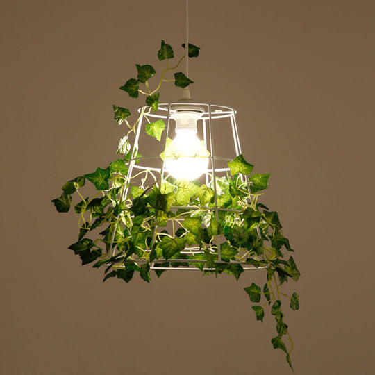 Iron Tapered Cage Pendant Ceiling Light with Decorative Ivy - Retro 1 Head Suspension Lighting for Dining Room in Green