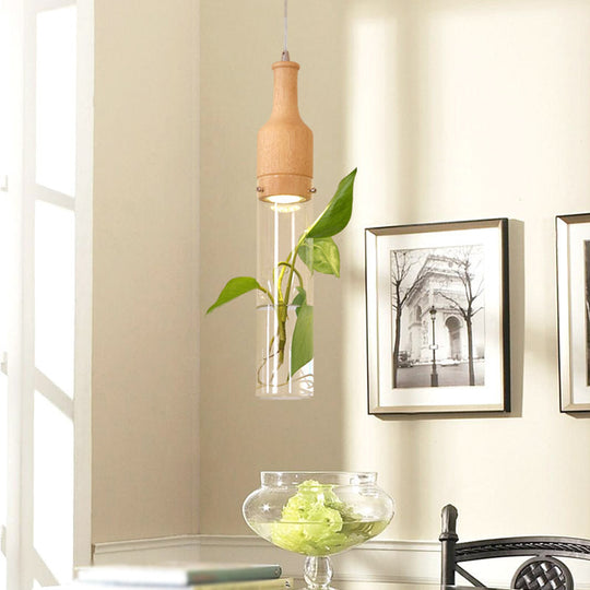 Simplicity Clear Glass Bottle Planter Ceiling Pendant Light For Bedroom 1 / Wood Round