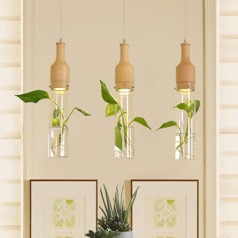 Simplicity Clear Glass Bottle Planter Ceiling Pendant Light For Bedroom 3 / Wood Linear