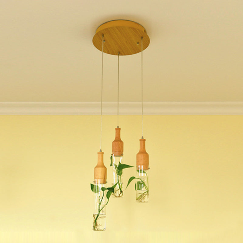 Simplicity Clear Glass Bottle Planter Ceiling Pendant Light For Bedroom 3 / Wood Round