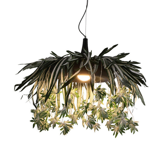 Vintage Metal Pendant Lamp With Green Artificial Plant - Single-Bulb Hanging Light