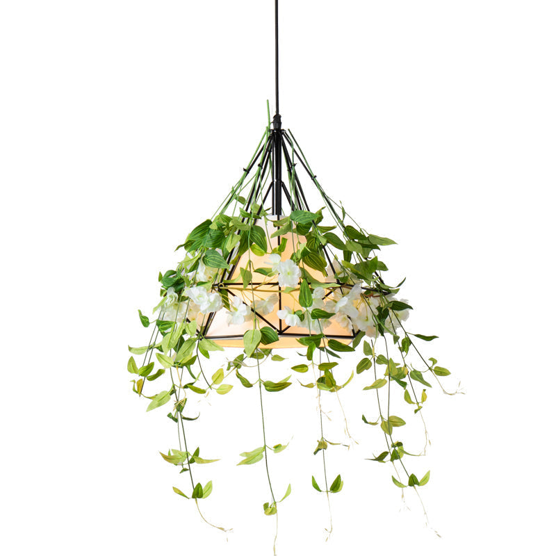 Antique Green Diamond Iron Plant Pendant Light with Tapered Fabric Shade - Single Restaurant Hanging Light