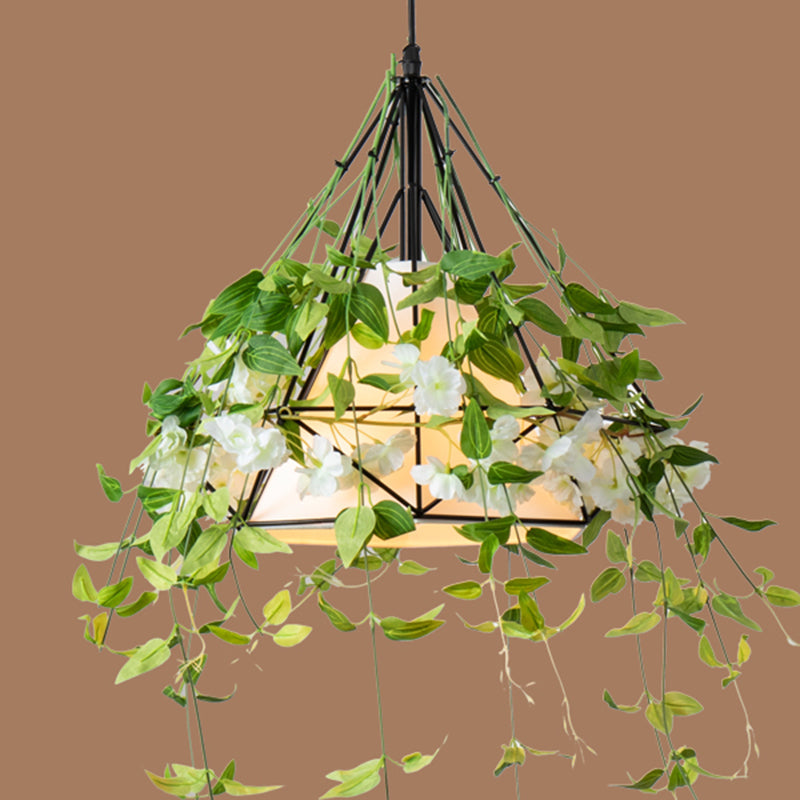 Antique Green Diamond Iron Plant Pendant Light with Tapered Fabric Shade - Single Restaurant Hanging Light