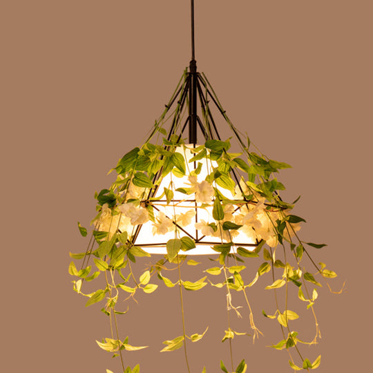 Green Diamond Iron Plant Pendant Light - Antique Single Restaurant Hanging Fixture With Tapered