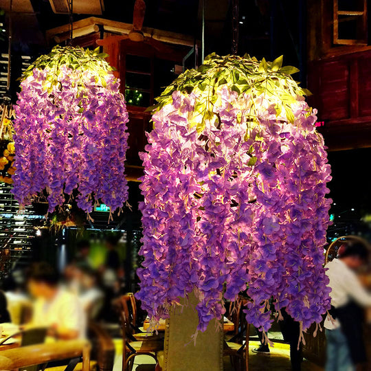 Retro Metallic Purple Sphere Pendant Ceiling Light with Wisteria Decor - Ideal for Restaurants