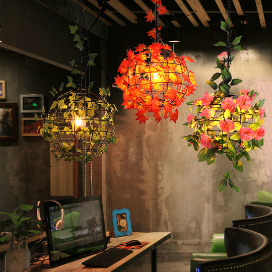 Iron Hanging Pendant Light with Artificial Plant - Industrial Globe Ceiling Fixture