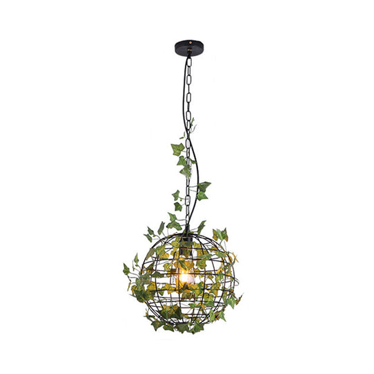 Iron Hanging Pendant Light with Artificial Plant - Industrial Globe Ceiling Fixture