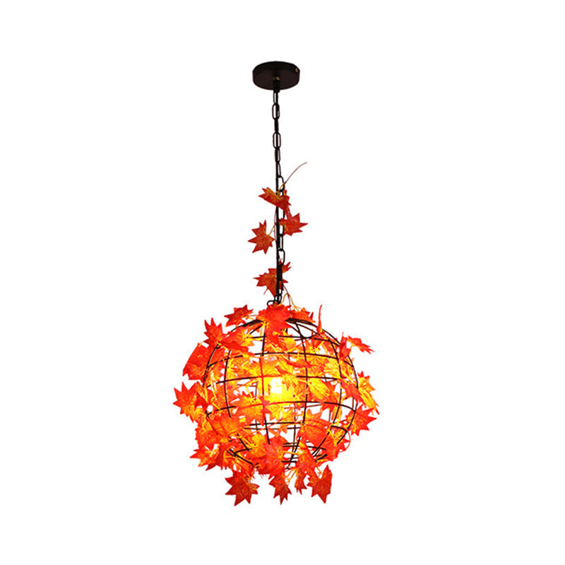 Industrial Hanging Pendant Light With Artificial Plant - Single Iron Globe Ceiling Red