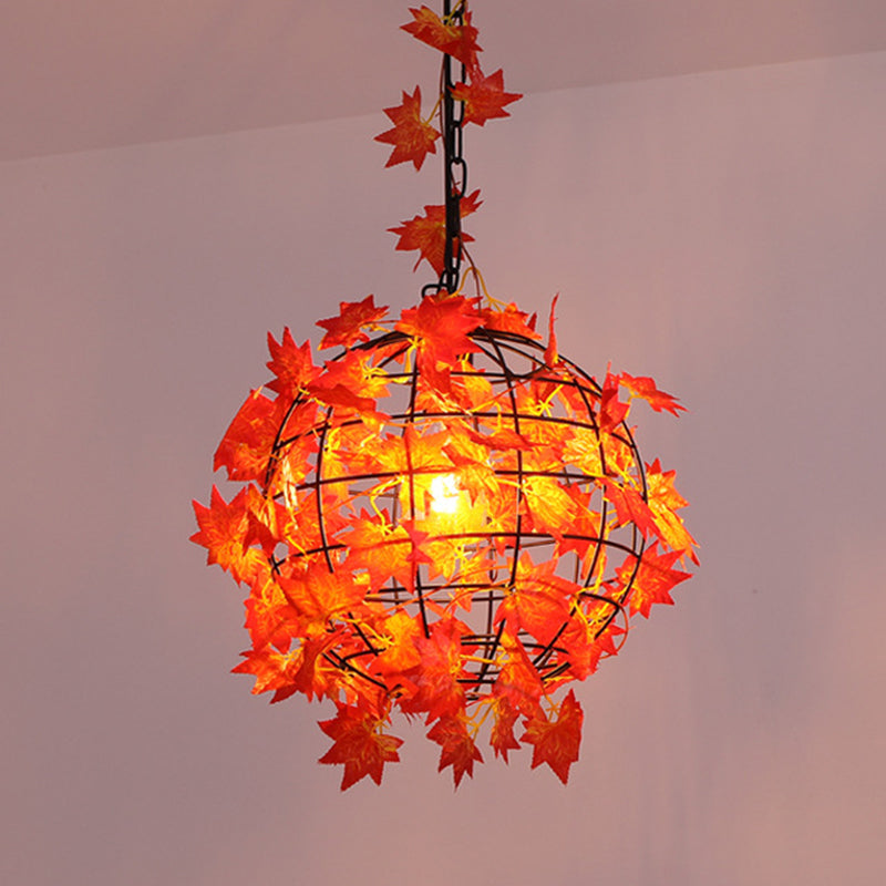 Iron Hanging Pendant Light with Artificial Plant - Industrial Globe Ceiling Fixture