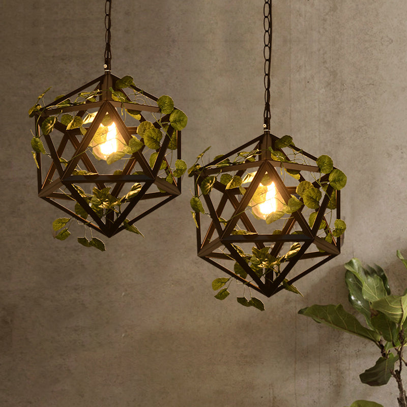 Iron Polyhedron Cage Pendant Light - Antique Single Restaurant Plant Hanging Fixture (Black)