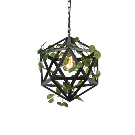 Iron Polyhedron Cage Pendant Light - Antique Single Restaurant Plant Hanging Fixture (Black)