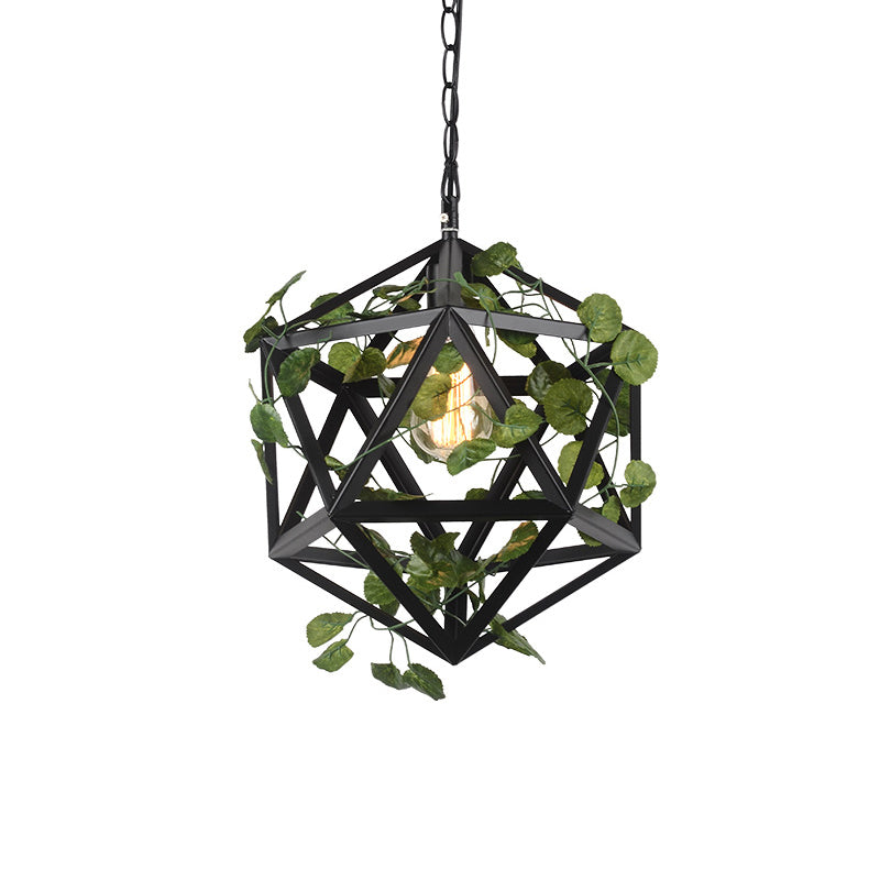 Antique Black Iron Polyhedron Cage Pendant Light - Single Restaurant & Plant Hanging Fixture