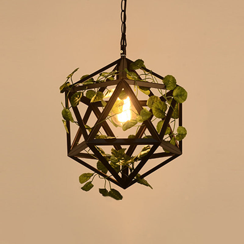 Iron Polyhedron Cage Pendant Light - Antique Single Restaurant Plant Hanging Fixture (Black)