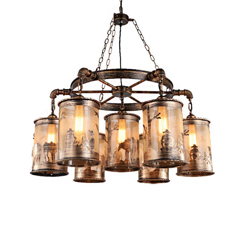 Bronze Cylinder Shade Chandelier Lamp: Antique Coastal Metal And Fabric 5/7 Lights Living Room