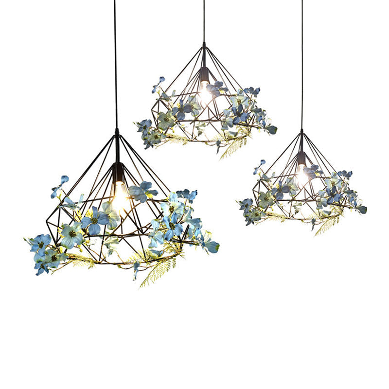 Blue-White Diamond Hanging Pendant Light Fixture with Rustic Metallic Design and Artificial Flower Accent for Restaurants