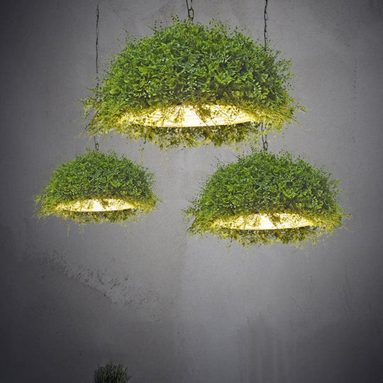 Retro Green Dome Pendant Light With Iron Suspension And Plant Decor For Restaurant Ceiling - 1 Bulb