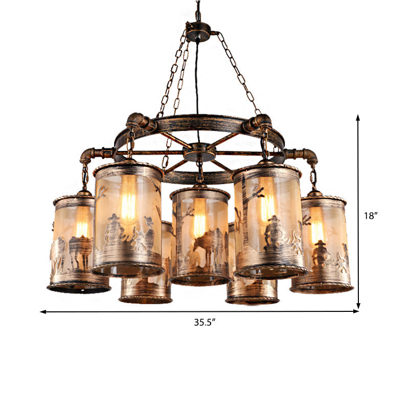 Bronze Cylinder Shade Chandelier Lamp: Antique Coastal Metal And Fabric 5/7 Lights Living Room