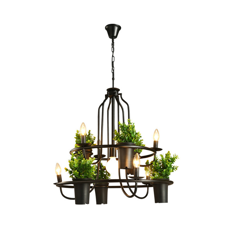 Vintage Iron 7-Light Candelabra Chandelier Pendant with Faux Potted Plant for Restaurants