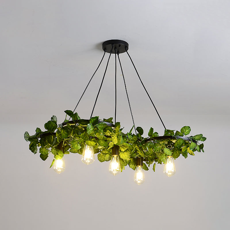 Antique Iron Wagon Wheel Chandelier With Green Plant Decor - Perfect For Restaurant Ceilings 5 /