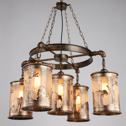 Bronze Cylinder Shade Chandelier Lamp: Antique Coastal Metal And Fabric 5/7 Lights Living Room