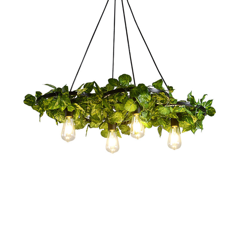 Antique Iron Wagon Wheel Chandelier with Green Plant Decor - Ideal for Restaurant Ceiling Lighting