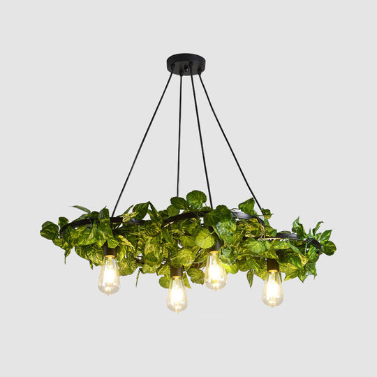 Antique Iron Wagon Wheel Chandelier with Green Plant Decor - Ideal for Restaurant Ceiling Lighting