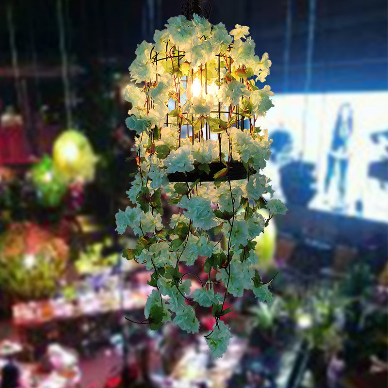 Industrial Iron Green Hanging Pendant Light With Flower Decor - Birdcage Bar Ceiling Single