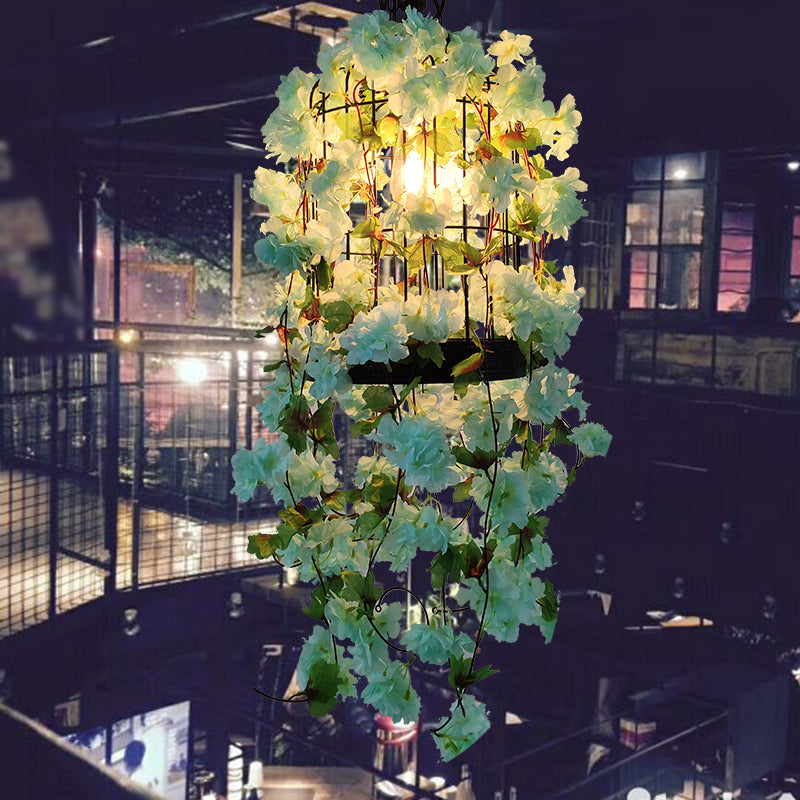 Vintage Green Iron Birdcage Pendant Light with Floral Accents - Single Industrial Ceiling Bar Fixture