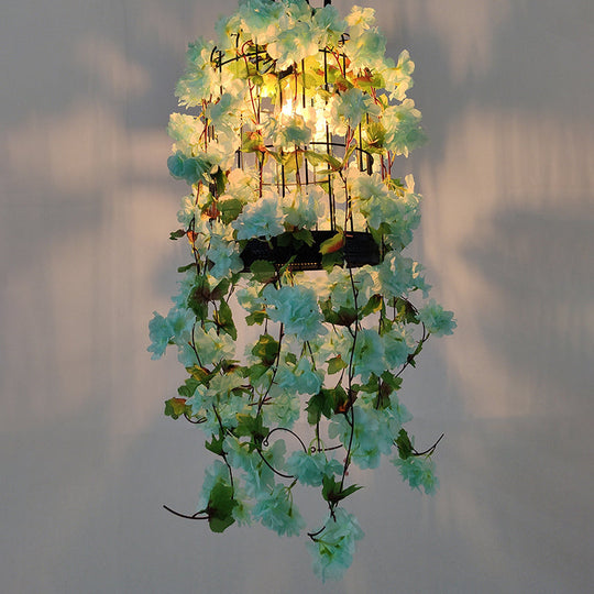 Vintage Green Iron Birdcage Pendant Light with Floral Accents - Single Industrial Ceiling Bar Fixture