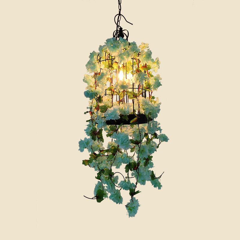 Vintage Green Iron Birdcage Pendant Light with Floral Accents - Single Industrial Ceiling Bar Fixture