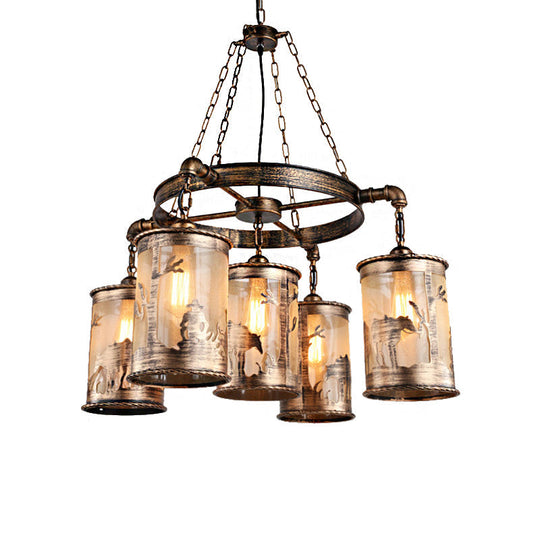 Bronze Cylinder Shade Chandelier Lamp: Antique Coastal Metal And Fabric 5/7 Lights Living Room