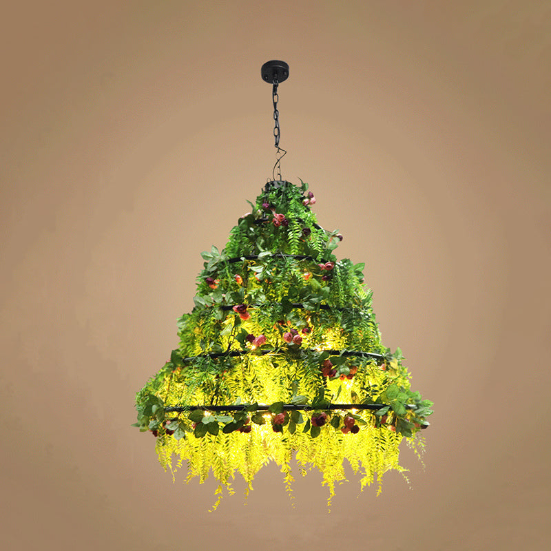 Geometric Vintage Chandelier with Artificial Plants - Metal Ceiling Light Fixture