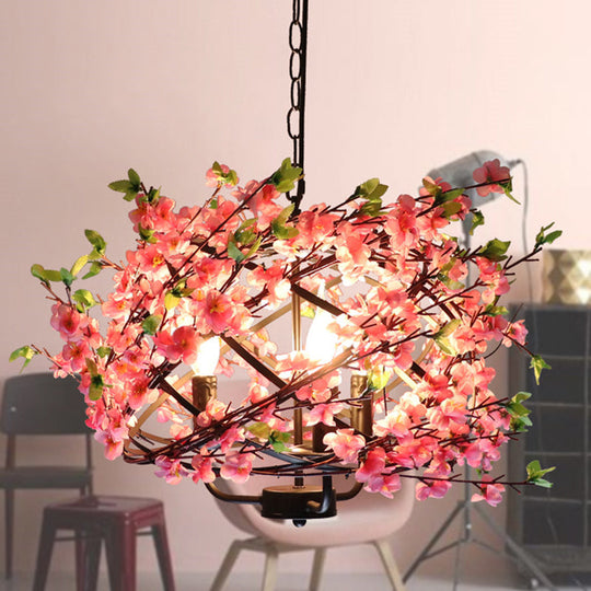 Metallic Retro Chandelier With Pink Decorative Flower And 4 Bulbs For Restaurants